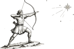 Grabado de un arquero apuntando a una estrella. Símbolo del establecimiento de metas y la autorrealización.